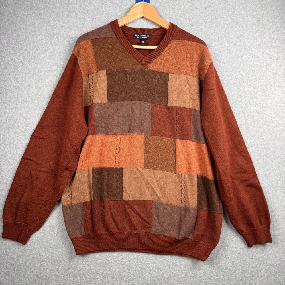 Vintage Sweater Mens Large Brown Patchwork Angora Wool Roundtree & Yorke Grandpa